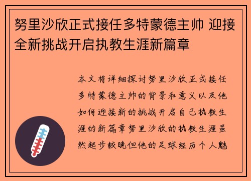 努里沙欣正式接任多特蒙德主帅 迎接全新挑战开启执教生涯新篇章
